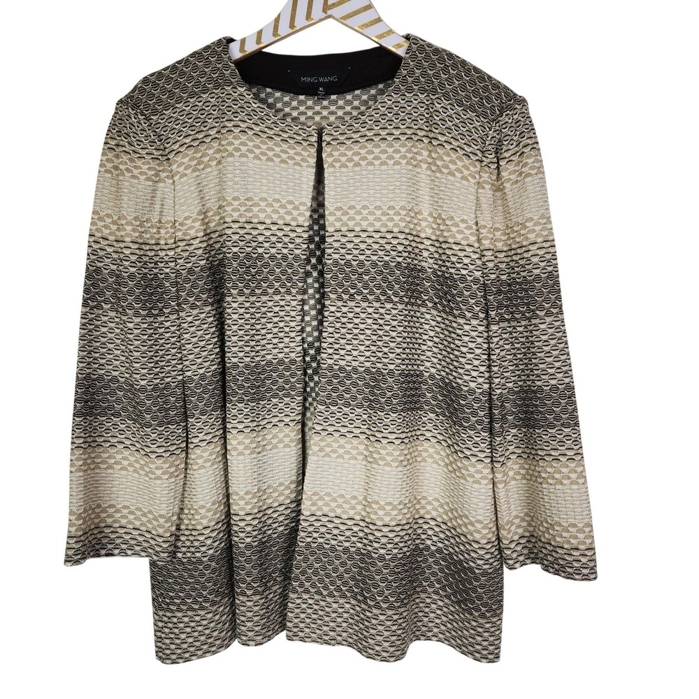 MING WANG‎ Jacket Womens XL Brown Geometric Knit Open Front Collarless Career